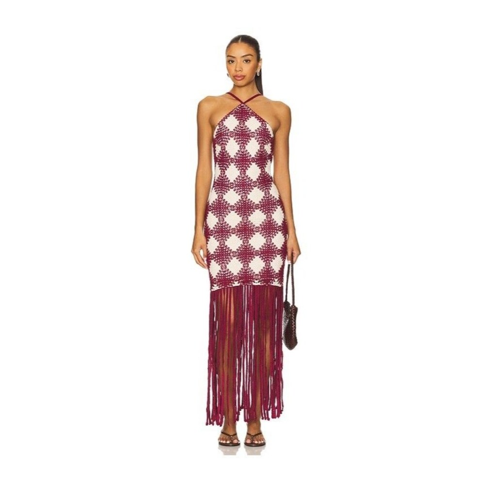 SAYLOR Dragana Crochet Fringe Midi Dress Maroon Ecru M NWT $286